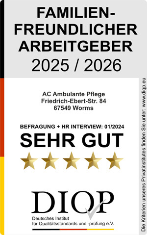 Auszeichnung. Familien freundlicher Arbeitgeber 2025/2026 für AC Ambulante Pflege Worms mit der Note: Sehr gut. von DIOP