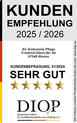 Auszeichnung. Kunden Empfehlung 2025/2026 für AC Ambulante Pflege Worms mit der Note: Sehr gut. von DIOP