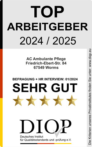 Auszeichnung. Top Arbeitgeber 2024/2025 für AC Ambulante Pflege Worms mit der Note: Sehr gut. von DIOP